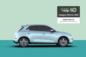 Der GWM ORA 03 in Celestial Blue mit dem „Green NCAP Category Winner 2023”-Logo