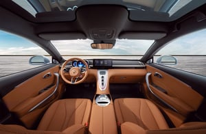 Der Blick auf den Premium-Komfort und die hohe Verarbeitungsqualität der Vordersitze mit 3-Speichen-Lenkrad und Mittelkonsole im braun-schwarzen Interieur des GWM ORA 07