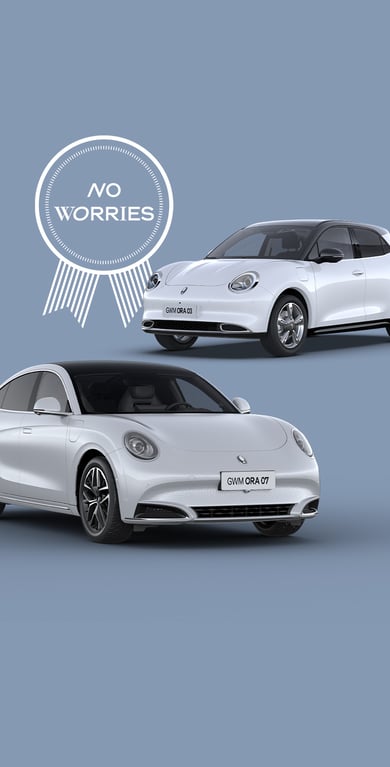 Unter einem „No Worries“ Siegel stehen der GWM ORA 07 in Snow White und der GWM ORA 400 Pro Two-Tone in Moonlight White mit Dach in Starry Black
